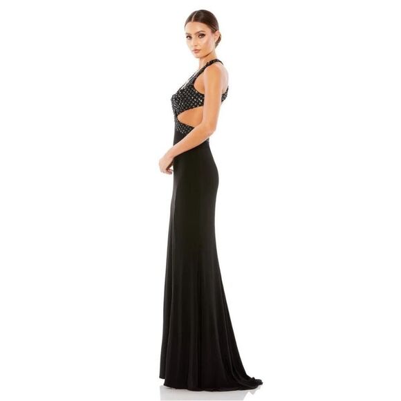 Mac Duggal Black Floral Sequin Criss-Cross Jersey Formal  Gown | 6 - Picture 3 of 11